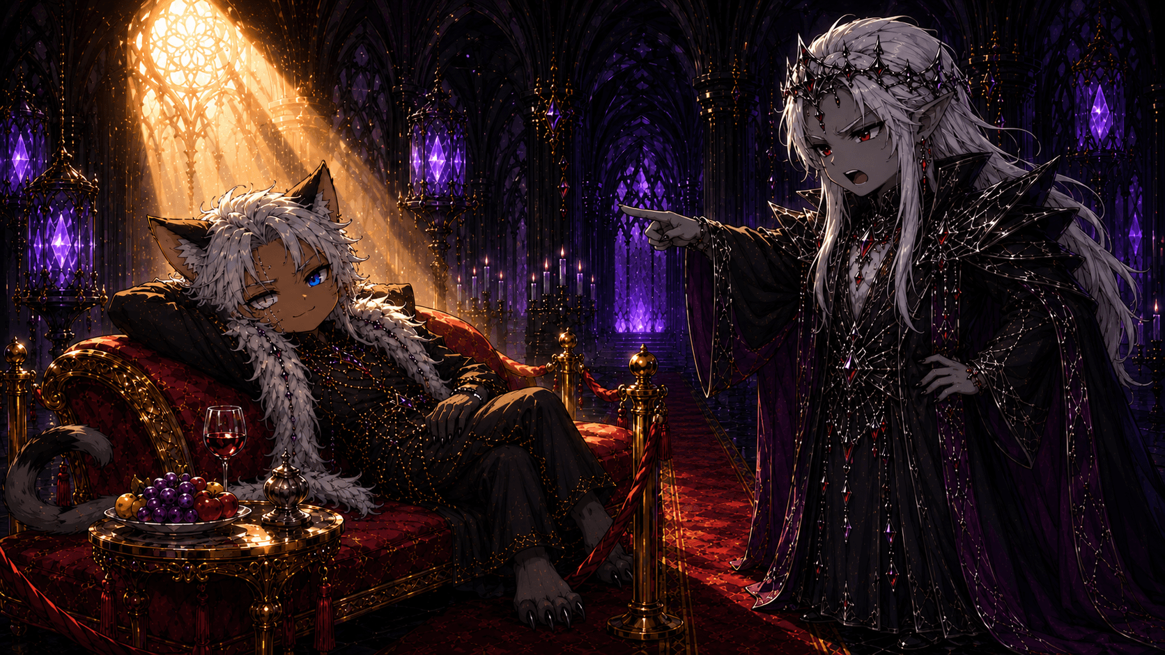 Ramesses standing beside Skuggi in their drow court